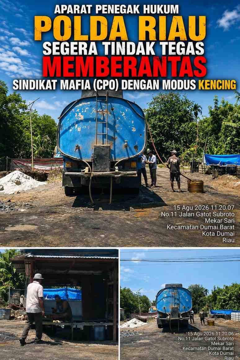 Aparat penegak Hukum Polda Riau Segera Tindak Tegas Memberantas Sindikat Mafia (CPO) Dengan Modus Kencing