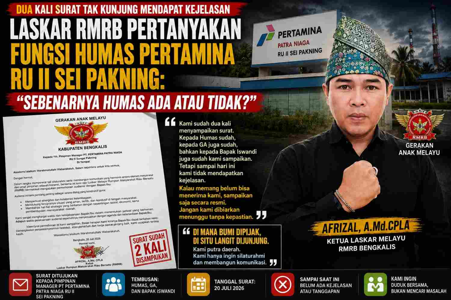 Dua Kali Surat Tak Kunjung Mendapat Kejelasan, Laskar RMRB Pertanyakan Fungsi Humas Pertamina RU II Sei Pakning: “Sebenarnya Humas Ada atau Tidak?”