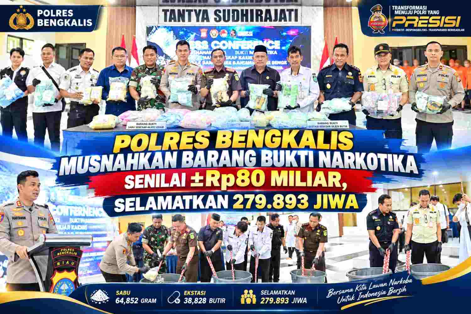Polres Bengkalis Musnahkan Barang Bukti Narkotika Senilai ±Rp80 Miliar, Selamatkan 279.893 Jiwa