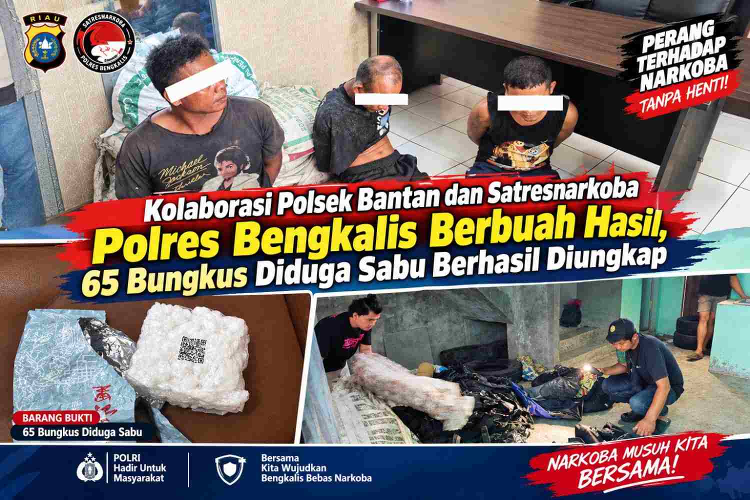Kolaborasi Polsek Bantan dan Satresnarkoba Polres Bengkalis Berbuah Hasil, 65 Bungkus Diduga Sabu Berhasil Diungkap