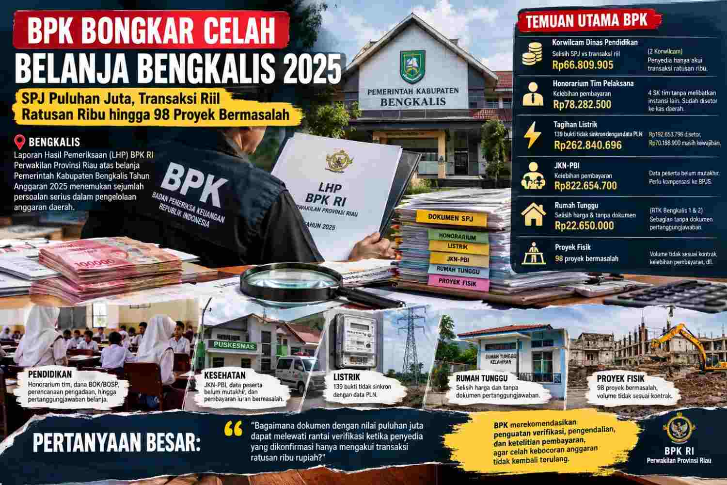 BPK Bongkar Celah Belanja Bengkalis 2025: SPJ Puluhan Juta, Transaksi Riil Ratusan Ribu hingga 98 Proyek Bermasalah