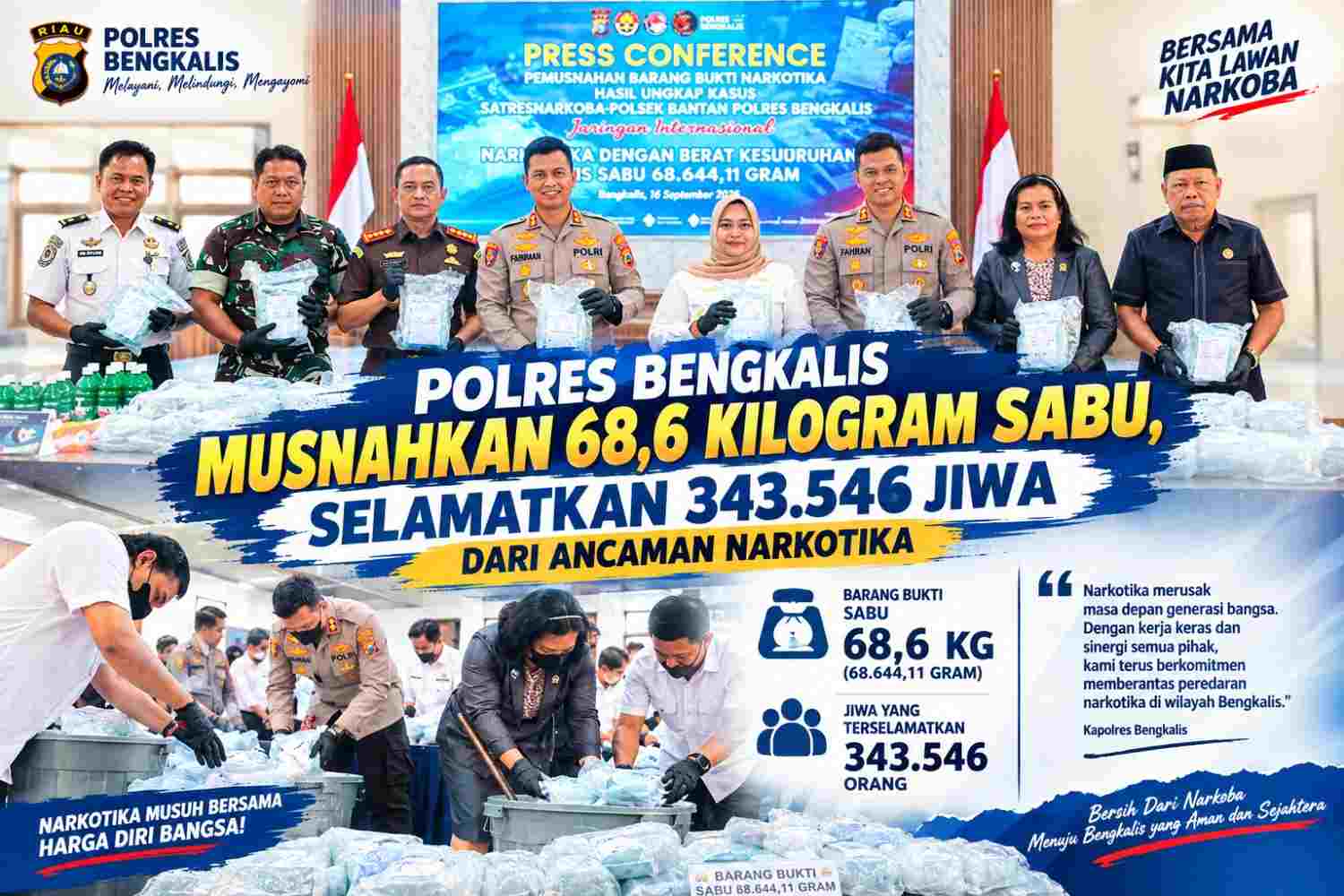 Polres Bengkalis Musnahkan 68,6 Kilogram Sabu, Selamatkan 343.546 Jiwa dari Ancaman Narkotika