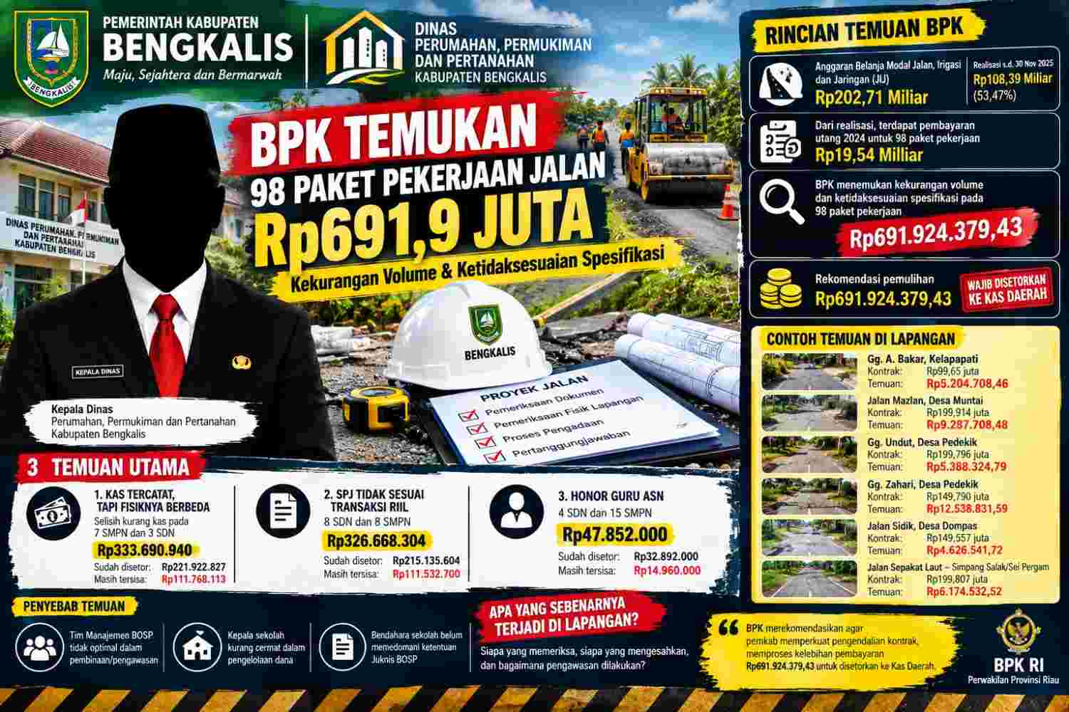 98 Paket Jalan Bengkalis Dibayar, BPK Temukan Kekurangan Volume Rp.691,9 Juta