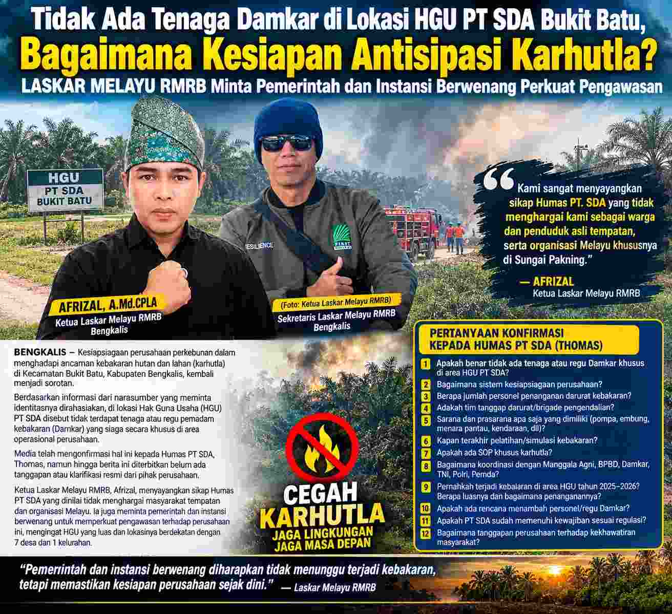 Kesiapan Karhutla PT.SDA di Bukit Batu Dipertanyakan, Laskar RMRB Minta Pemerintah Perkuat Pengawasan