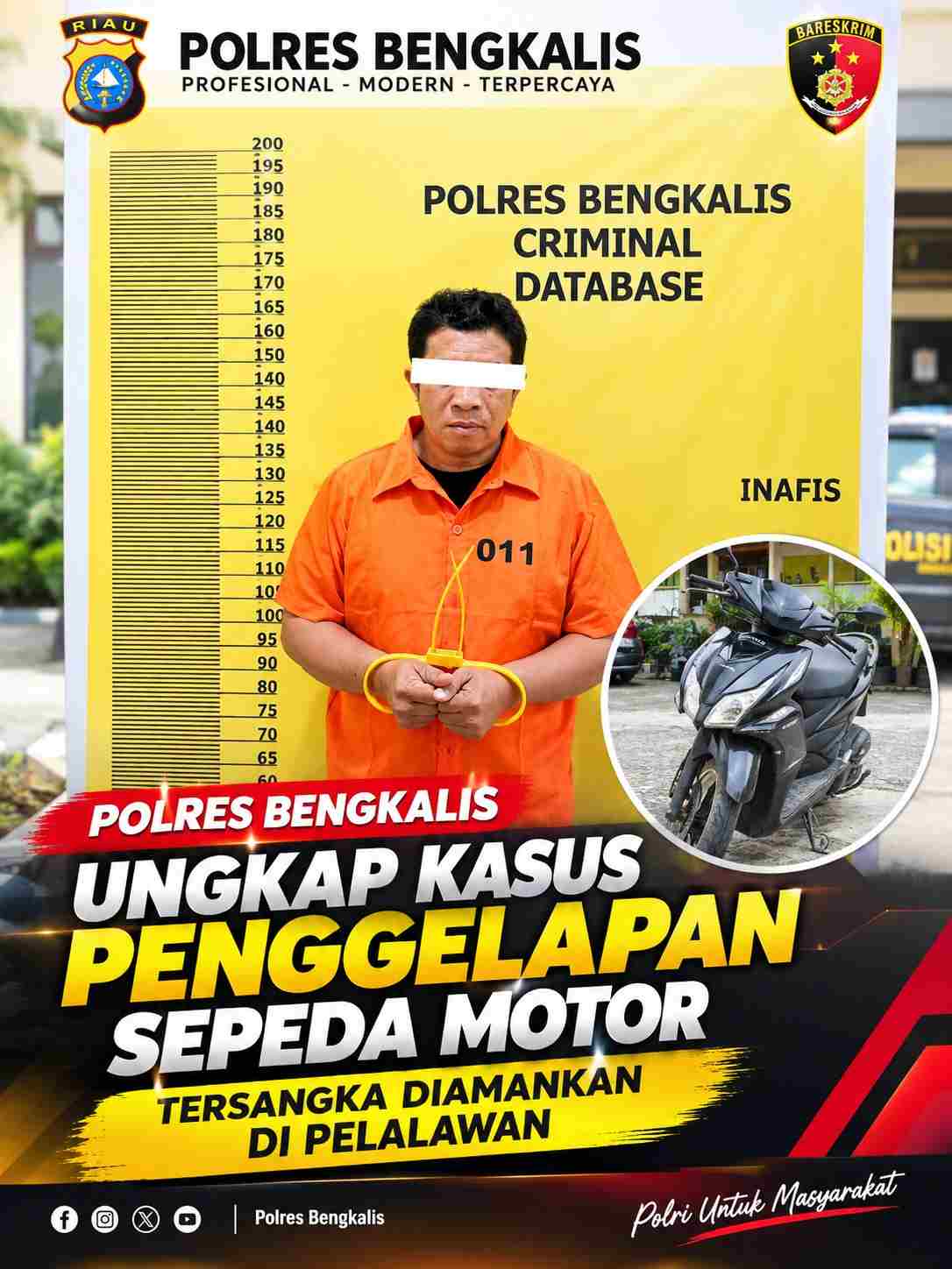 Polres Bengkalis Ungkap Kasus Penggelapan Sepeda Motor, Tersangka Diamankan di Pelalawan