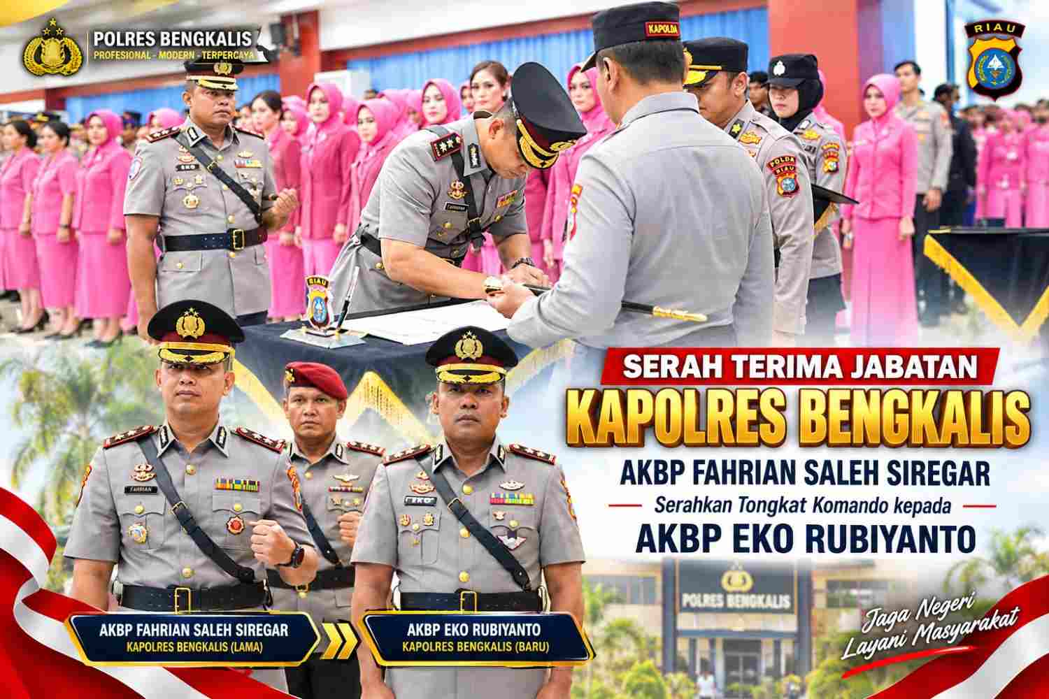 Serah Terima Jabatan Kapolres Bengkalis, AKBP Fahrian Saleh Siregar Serahkan Tongkat Komando kepada AKBP Eko Rubiyanto