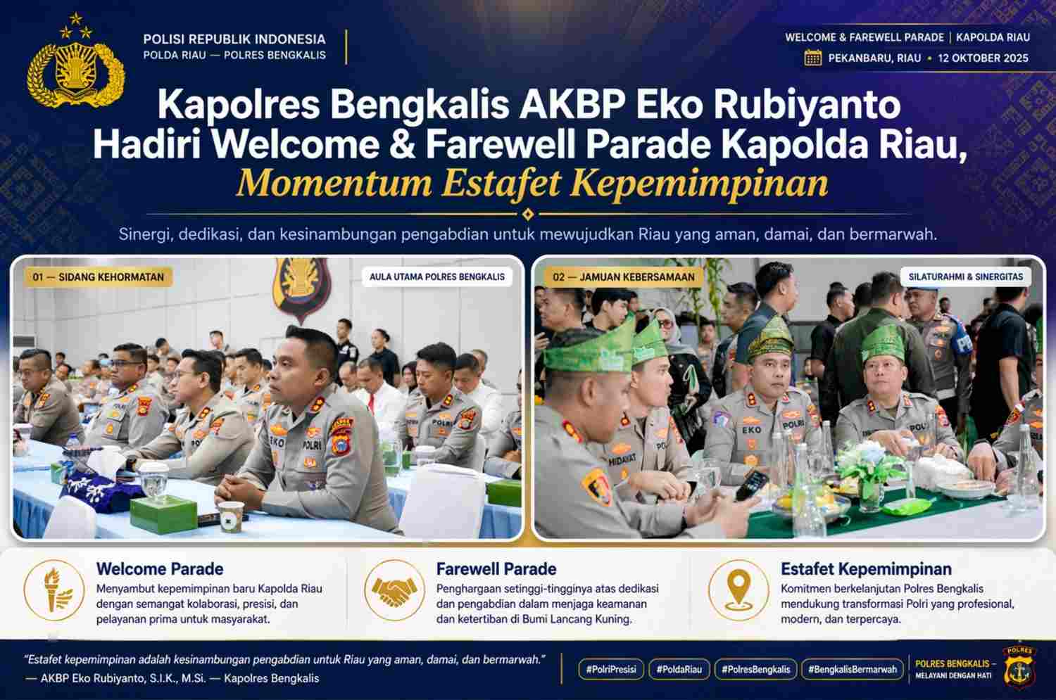 Kapolres Bengkalis AKBP Eko Rubiyanto Hadiri Welcome & Farewell Parade Kapolda Riau, Momentum Estafet Kepemimpinan