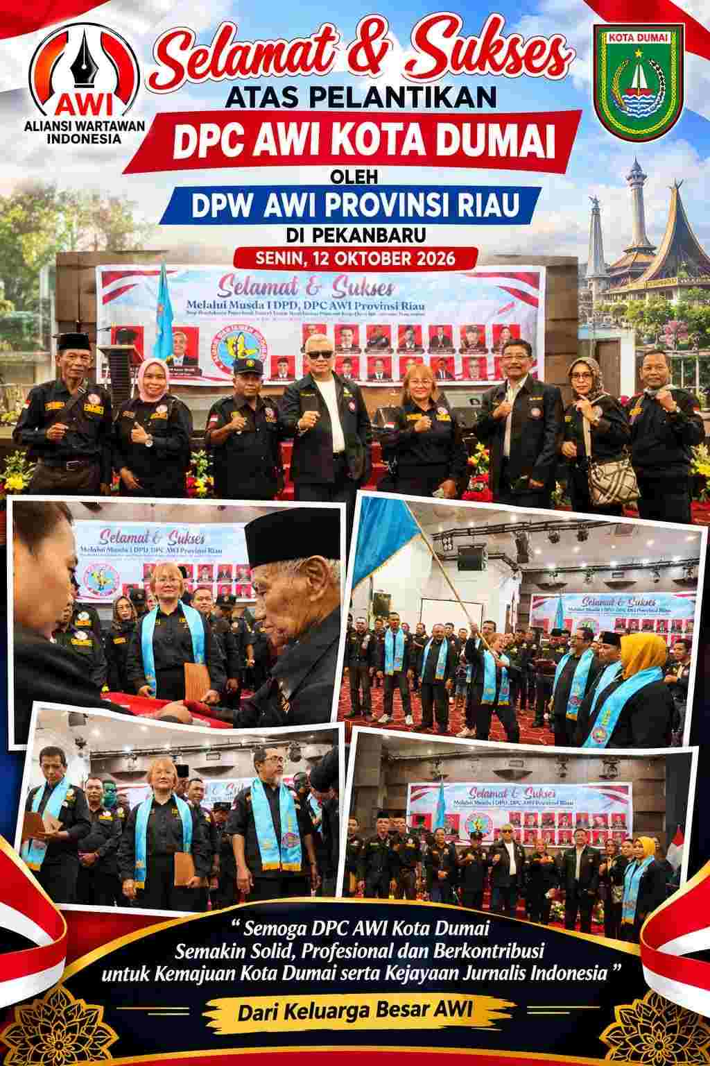 Dihadiri Plt Gubernur Riau dan Jajaran Pejabat Daerah ,Pengurus DPC AWI Kota Dumai Resmi Dilantik di Hotel Alpha Pekanbaru.