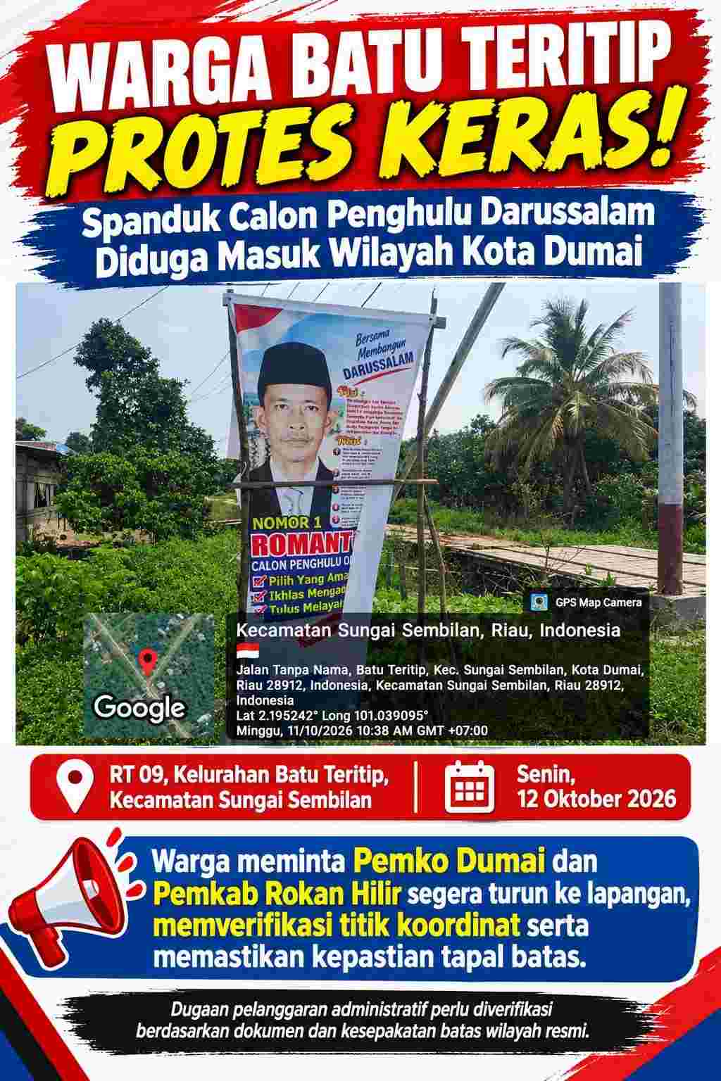 Tapal Batas Dumai-Rohil Memanas! Warga Batu Teritip Protes Spanduk Calon Penghulu Darussalam.