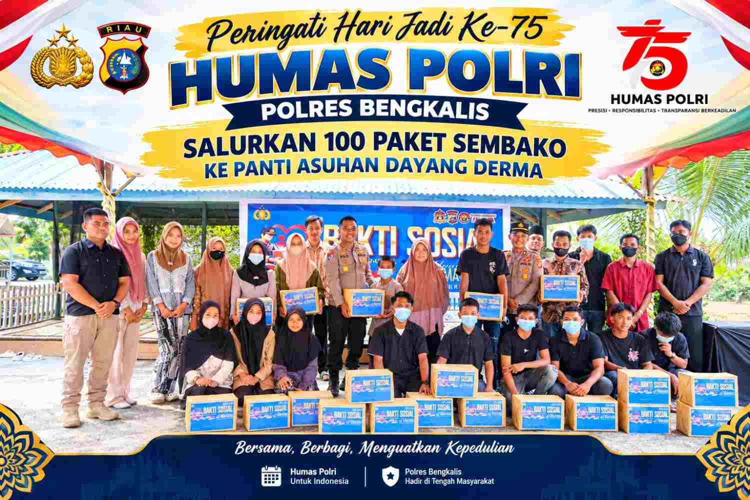 PERINGATI HARI JADI KE-75 HUMAS POLRI, POLRES BENGKALIS SALURKAN 100 PAKET SEMBAKO KE PANTI ASUHAN DAYANG DERMA