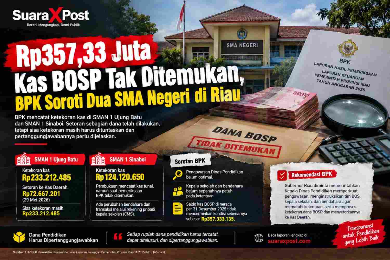 Rp.357,33 Juta Kas BOSP Tak Ditemukan, BPK Soroti Dua SMA Negeri di Riau
