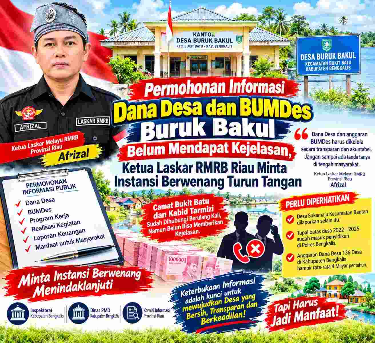 Permohonan Informasi Dana Desa dan BUMDes Buruk Bakul Belum Mendapat Kejelasan, Ketua Laskar RMRB Riau Minta Instansi Berwenang Turun Tangan