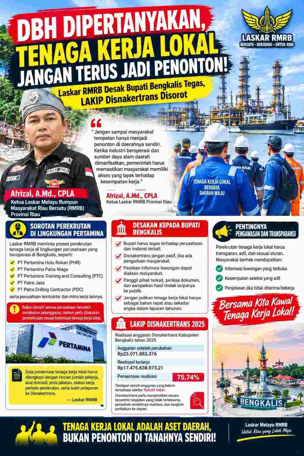 Dana Bagi Hasil Dipersoalkan, Tenaga Kerja Lokal Jangan Terus Jadi Penonton ! Laskar RMRB Desak Bupati Bengkalis Tegas, LAKIP Disnakertrans Disorot.